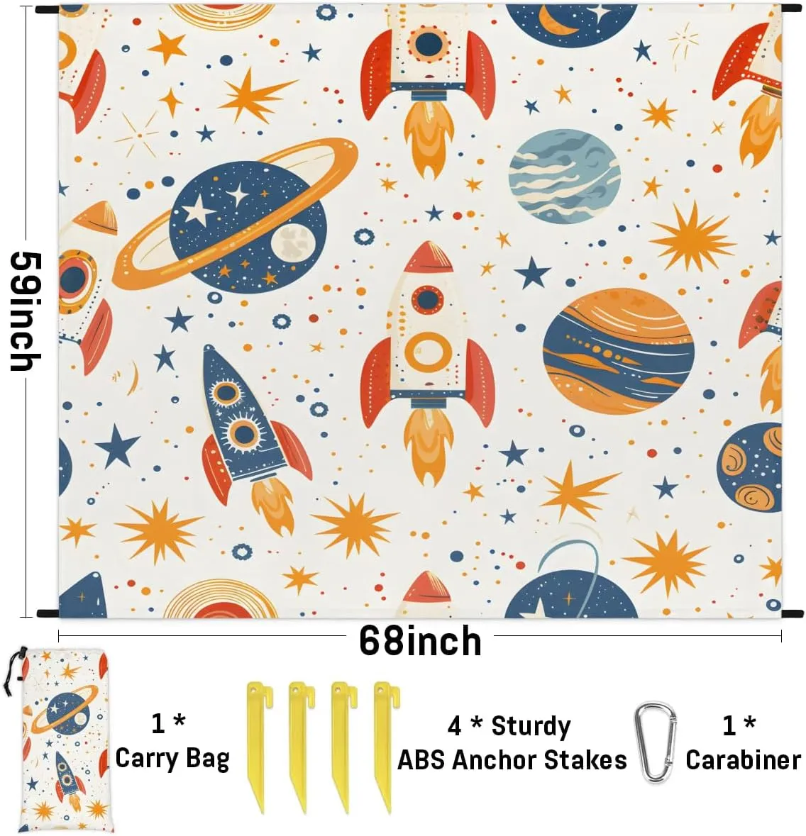 Sun Space Beach Blanket, Sandproof Beach Mat, 68 x 59 Waterproof Quick Drying Sand Free Mat with 4 x Ground Spikes for Outdoor Travel Camping Hiking, Space Rocket
