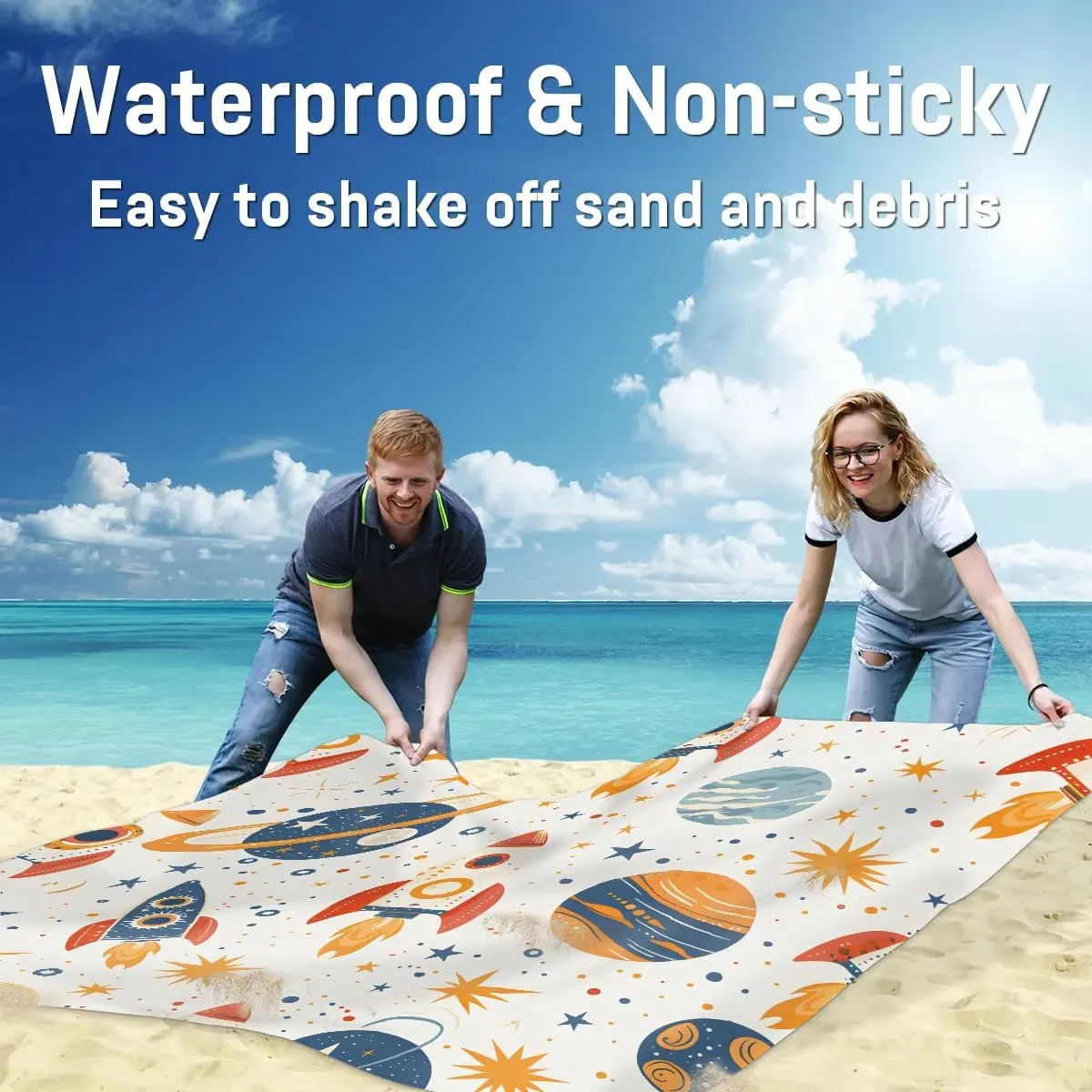 Sun Space Beach Blanket, Sandproof Beach Mat, 68 x 59 Waterproof Quick Drying Sand Free Mat with 4 x Ground Spikes for Outdoor Travel Camping Hiking, Space Rocket