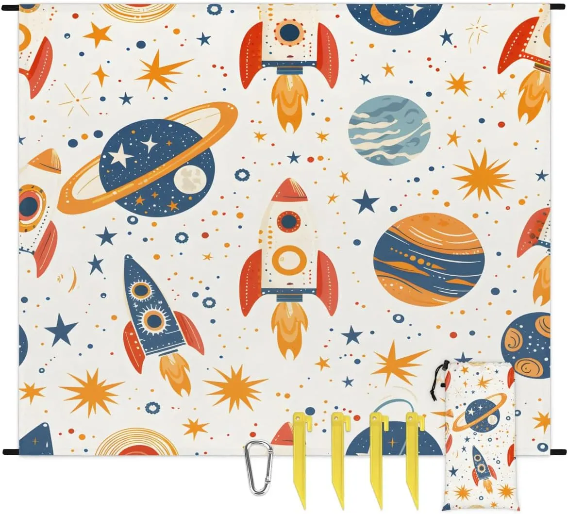 Sun Space Beach Blanket, Sandproof Beach Mat, 68 x 59 Waterproof Quick Drying Sand Free Mat with 4 x Ground Spikes for Outdoor Travel Camping Hiking, Space Rocket