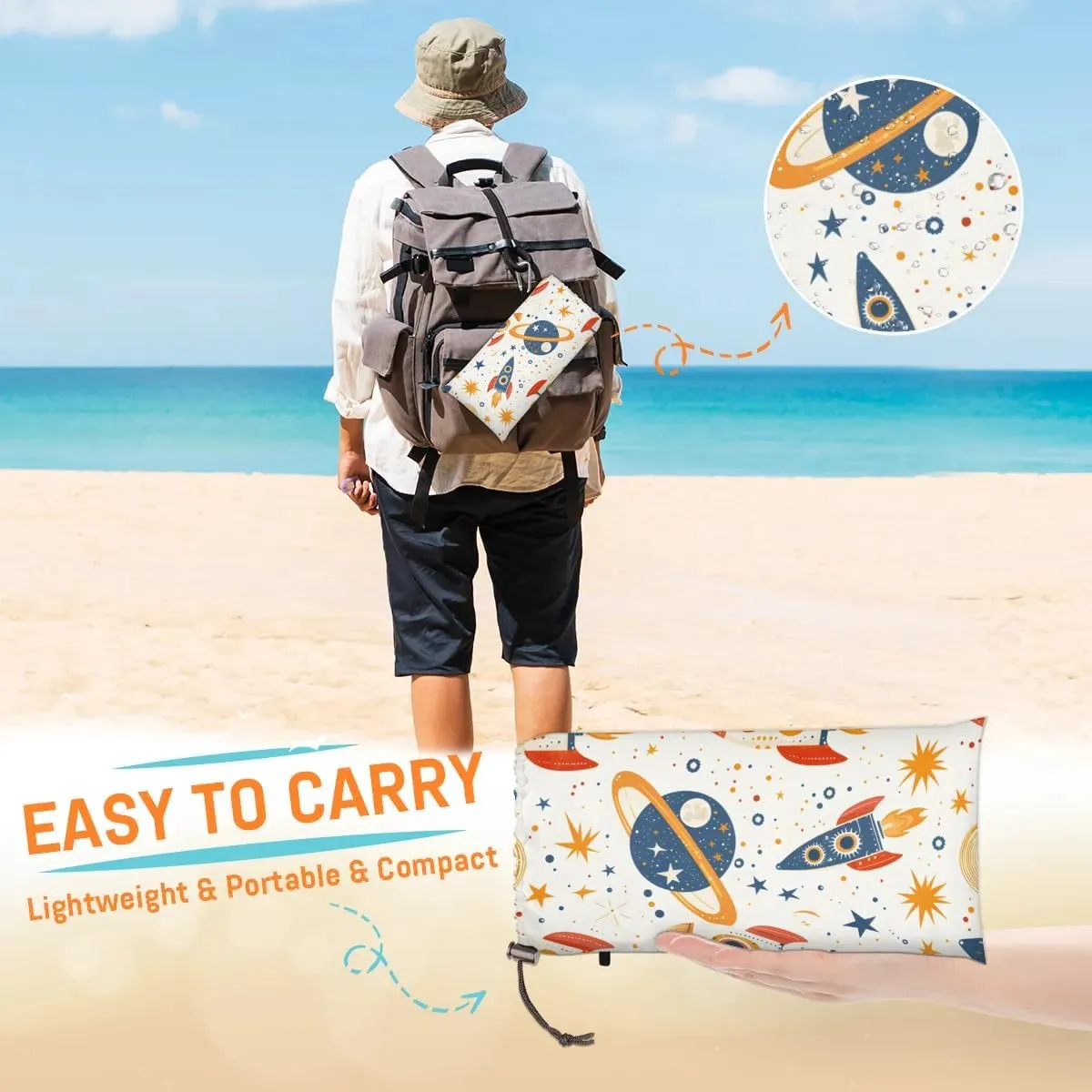 Sun Space Beach Blanket, Sandproof Beach Mat, 68 x 59 Waterproof Quick Drying Sand Free Mat with 4 x Ground Spikes for Outdoor Travel Camping Hiking, Space Rocket
