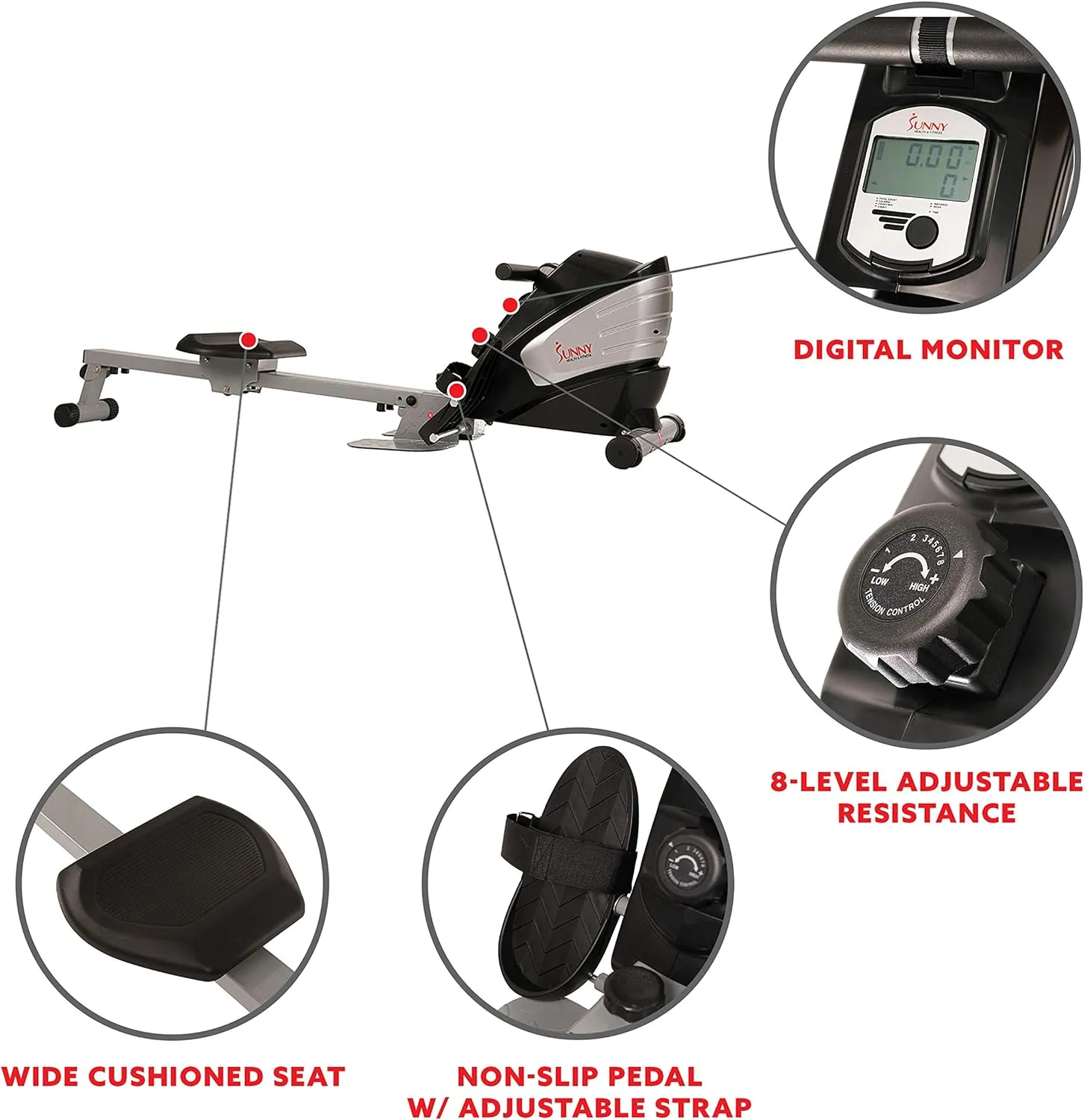 Sunny Health & Fitness Rowing Machine for Low Impact Full Body Workouts, Optional Magnetic Rower or Air Rower with Exclusive Free SunnyFit App and Smart Connectivity