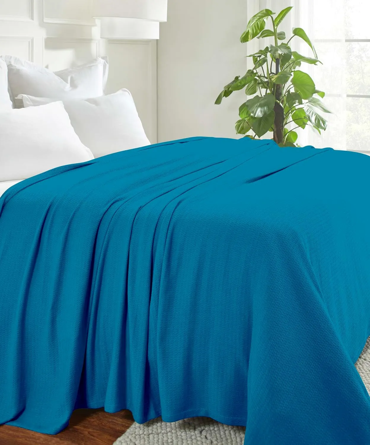 Superior Waffle Weave Cotton Blanket, for Picnic, Beach, Traveling or Camping, Comfy Blanket, Bedroom Decor, Essentials, Cover for Bed, Couch, Lounging, Honeycomb Knit, Twin, Azure
