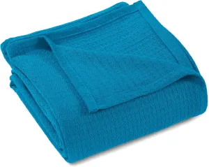 Superior Waffle Weave Cotton Blanket, for Picnic, Beach, Traveling or Camping, Comfy Blanket, Bedroom Decor, Essentials, Cover for Bed, Couch, Lounging, Honeycomb Knit, Twin, Azure