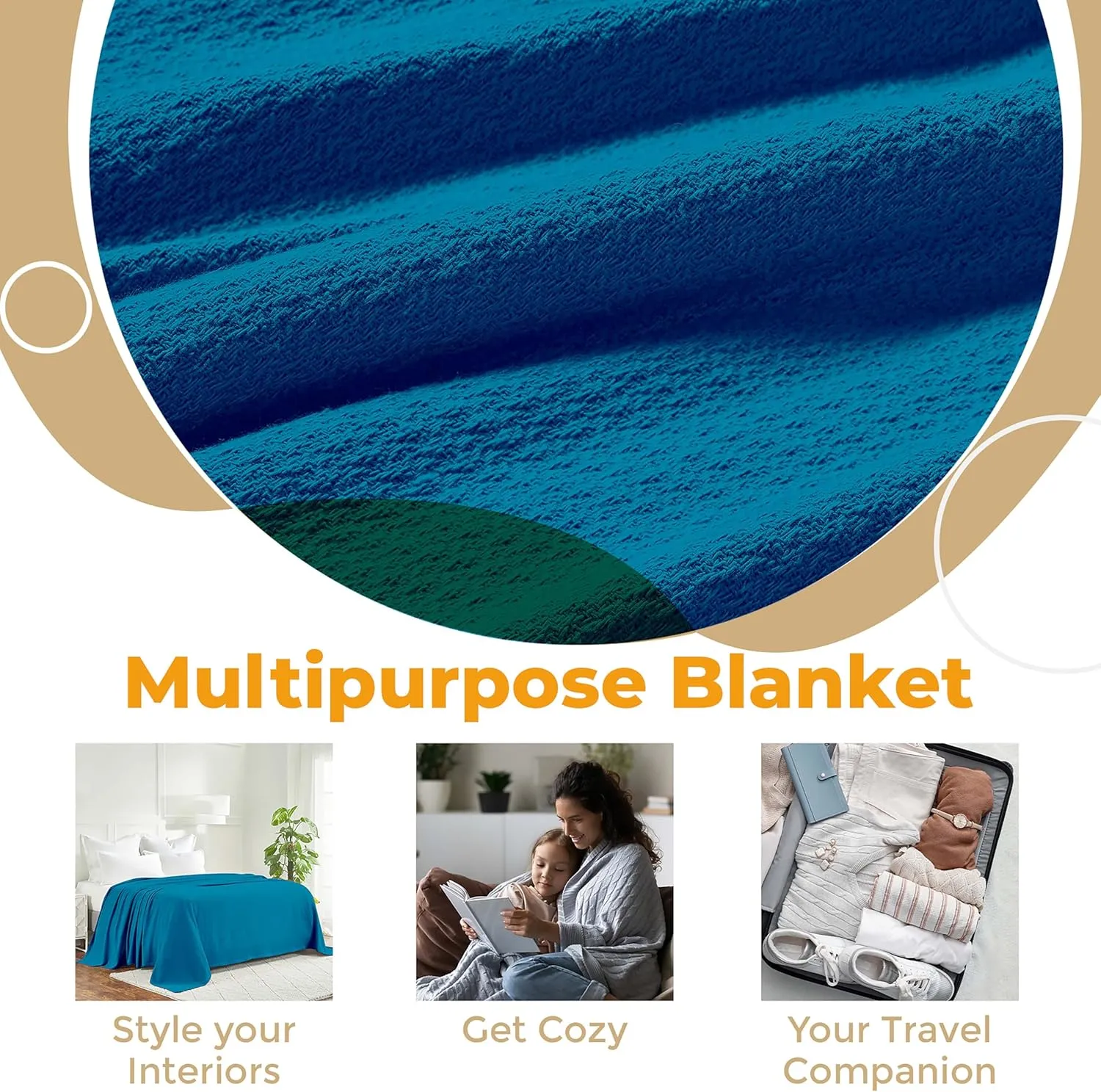 Superior Waffle Weave Cotton Blanket, for Picnic, Beach, Traveling or Camping, Comfy Blanket, Bedroom Decor, Essentials, Cover for Bed, Couch, Lounging, Honeycomb Knit, Twin, Azure