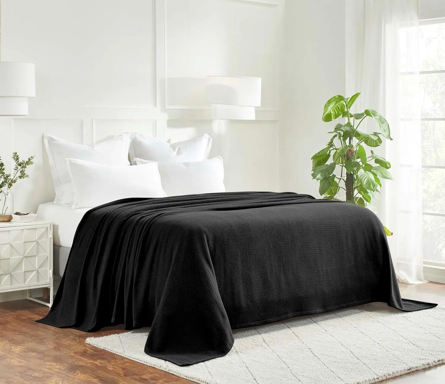 Superior Waffle Weave Cotton Blanket, for Picnic, Beach, Traveling or Camping, Comfy Blanket, Bedroom Decor, Essentials, Cover for Bed, Couch, Lounging, Honeycomb Knit, Twin, Black