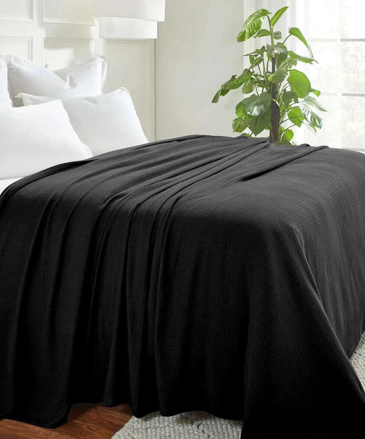 Superior Waffle Weave Cotton Blanket, for Picnic, Beach, Traveling or Camping, Comfy Blanket, Bedroom Decor, Essentials, Cover for Bed, Couch, Lounging, Honeycomb Knit, Twin, Black