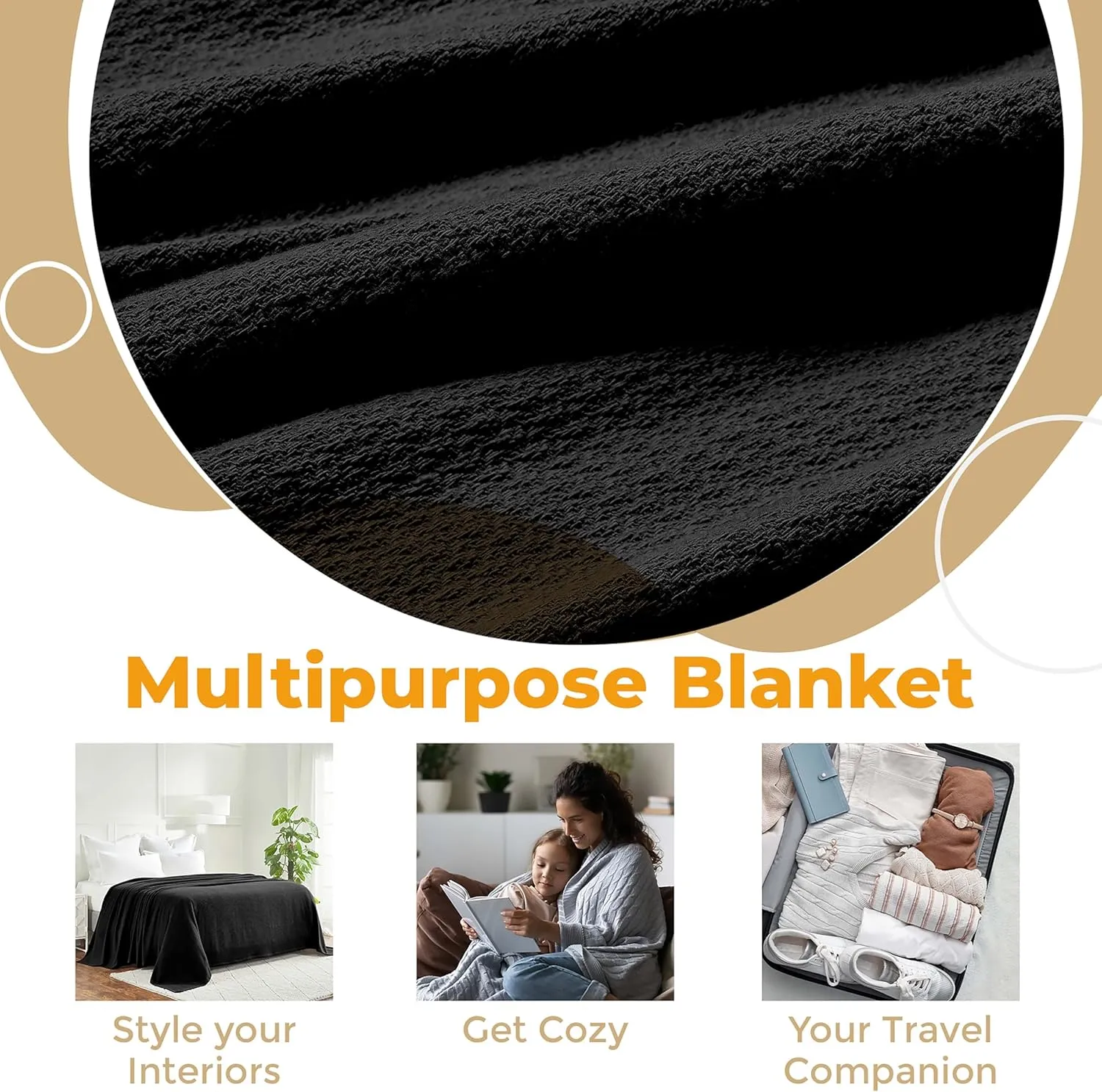 Superior Waffle Weave Cotton Blanket, for Picnic, Beach, Traveling or Camping, Comfy Blanket, Bedroom Decor, Essentials, Cover for Bed, Couch, Lounging, Honeycomb Knit, Twin, Black
