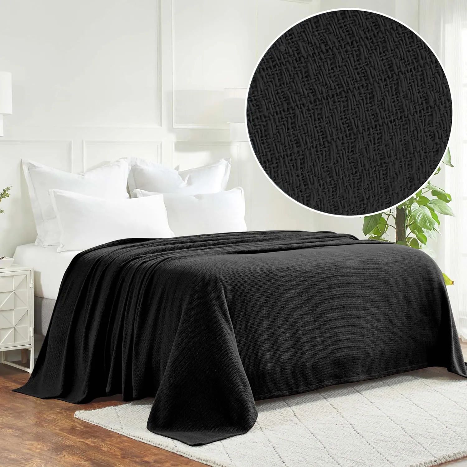 Superior Waffle Weave Cotton Blanket, for Picnic, Beach, Traveling or Camping, Comfy Blanket, Bedroom Decor, Essentials, Cover for Bed, Couch, Lounging, Honeycomb Knit, Twin, Black