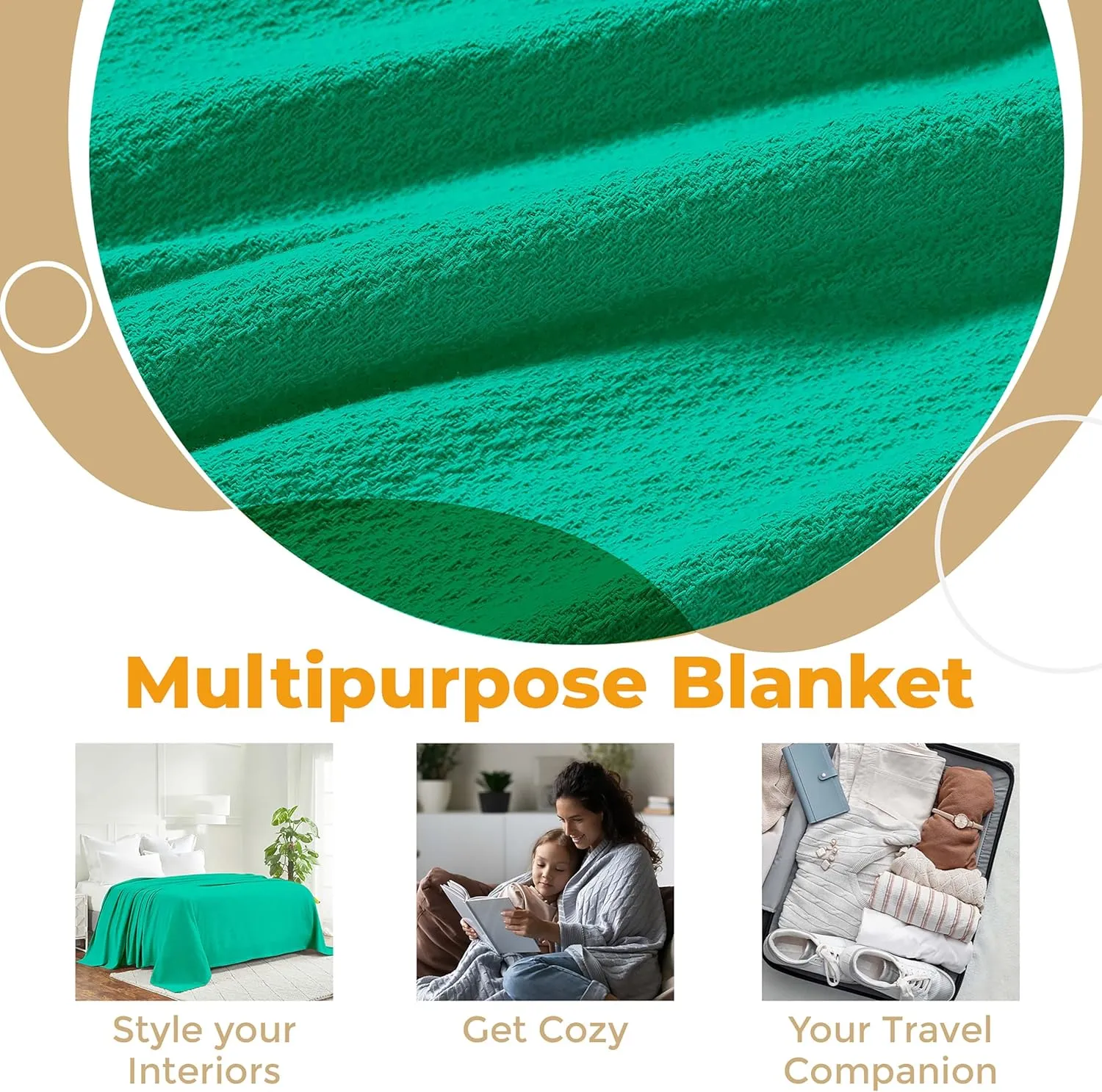 Superior Waffle Weave Cotton Blanket, for Picnic, Beach, Traveling or Camping, Comfy Blanket, Bedroom Decor, Essentials, Cover for Bed, Couch, Lounging, Honeycomb Knit, Twin, Gumdrop Green