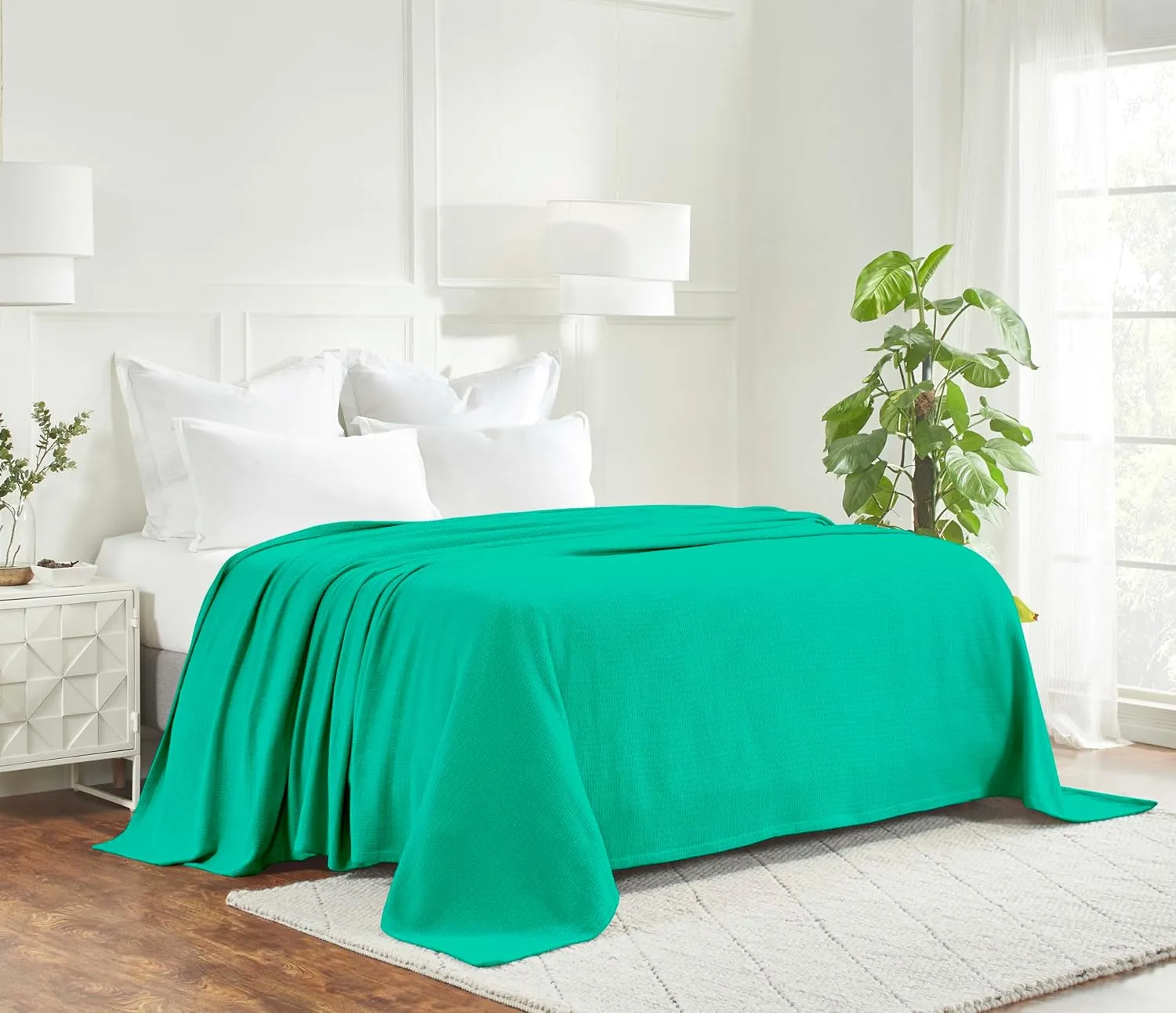 Superior Waffle Weave Cotton Blanket, for Picnic, Beach, Traveling or Camping, Comfy Blanket, Bedroom Decor, Essentials, Cover for Bed, Couch, Lounging, Honeycomb Knit, Twin, Gumdrop Green
