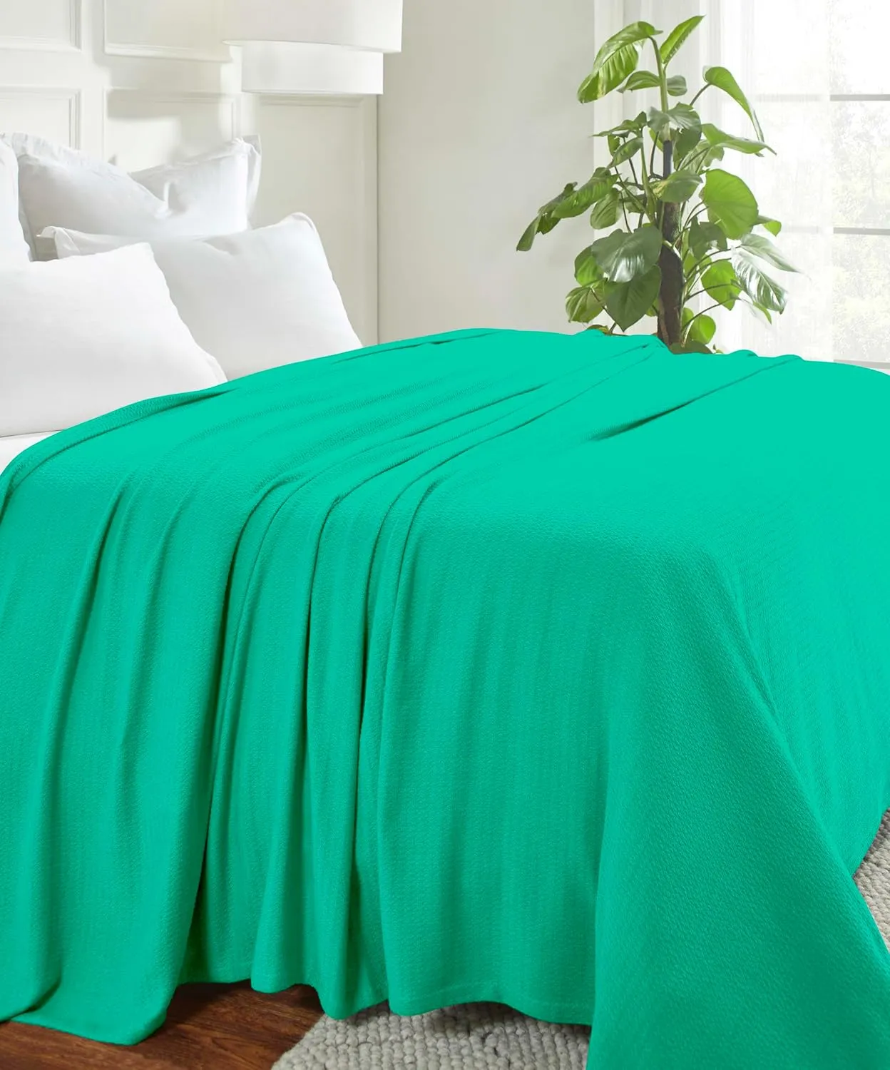 Superior Waffle Weave Cotton Blanket, for Picnic, Beach, Traveling or Camping, Comfy Blanket, Bedroom Decor, Essentials, Cover for Bed, Couch, Lounging, Honeycomb Knit, Twin, Gumdrop Green