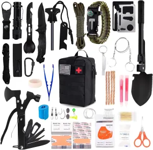 Survival Kit with Storage Case, Tactical Equipment for Camping, Backpacking, Adventures and More, Gift for Man, Dad, Husband (Black, 142 Pieces)