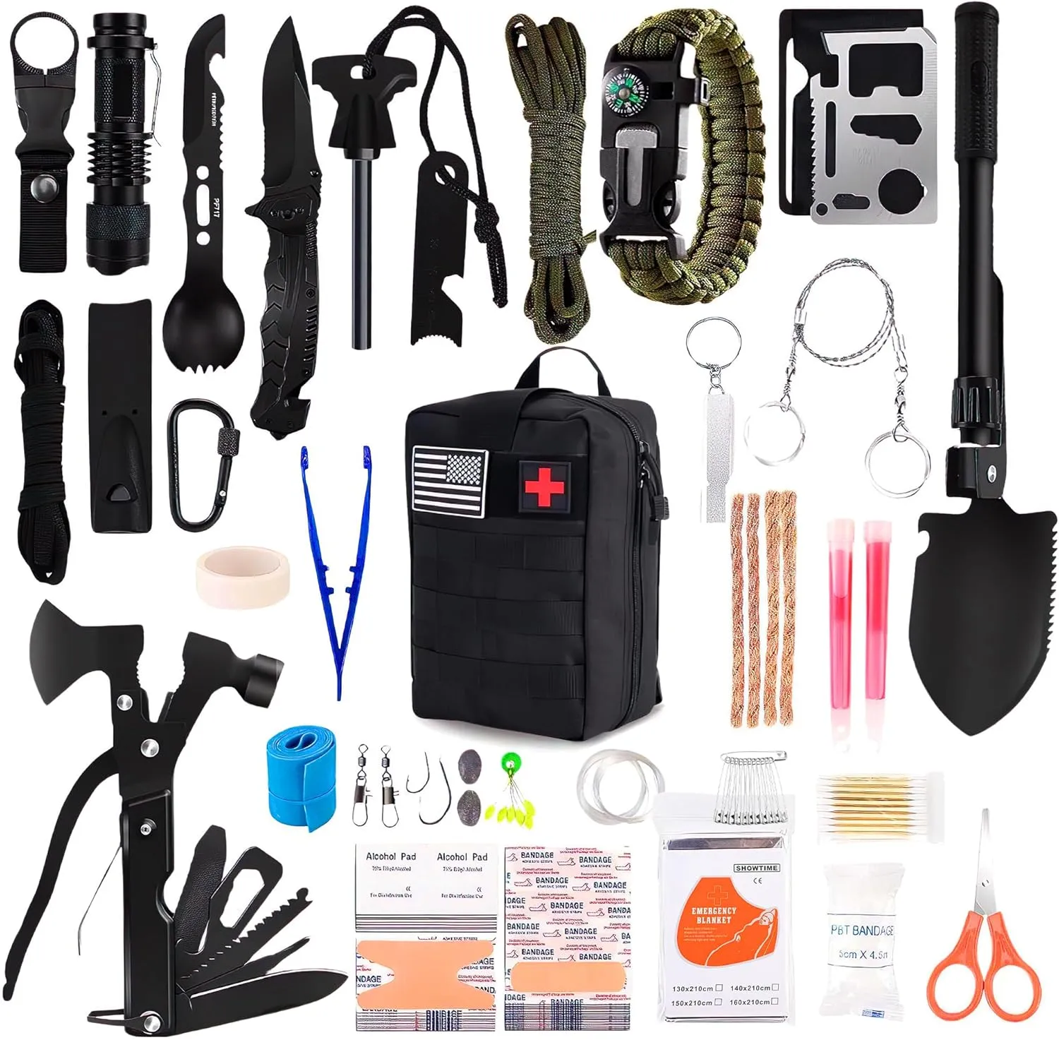 Survival Kit with Storage Case, Tactical Equipment for Camping, Backpacking, Adventures and More, Gift for Man, Dad, Husband (Black, 142 Pieces)