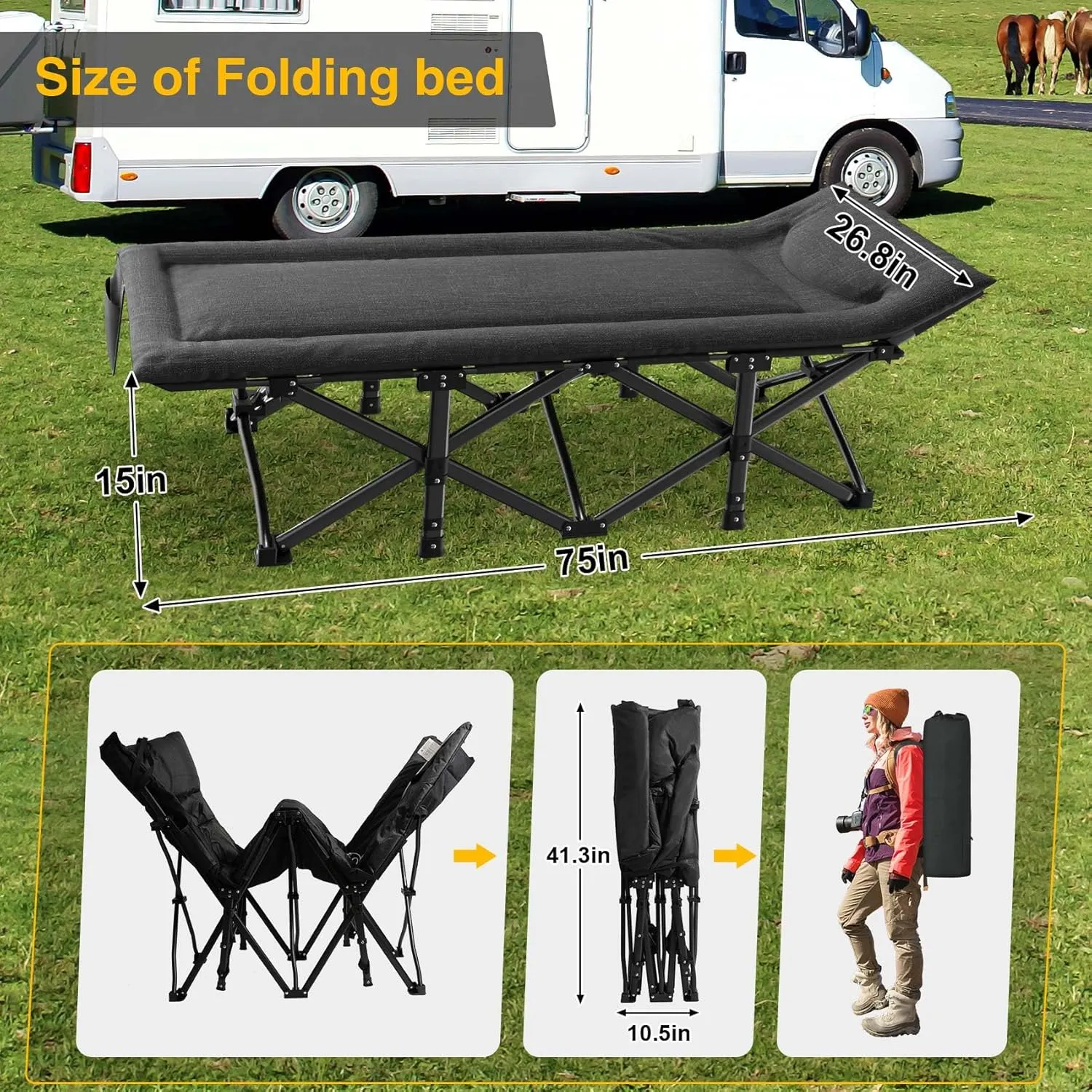 Suteck Camping Cot, Sleeping Cot Bed for Adults Sleeping Portable Folding Outdoor Cots for Camping W/Build-in Soft Cotton Pad and Carry Bag for Home Office Nap Beach Travel