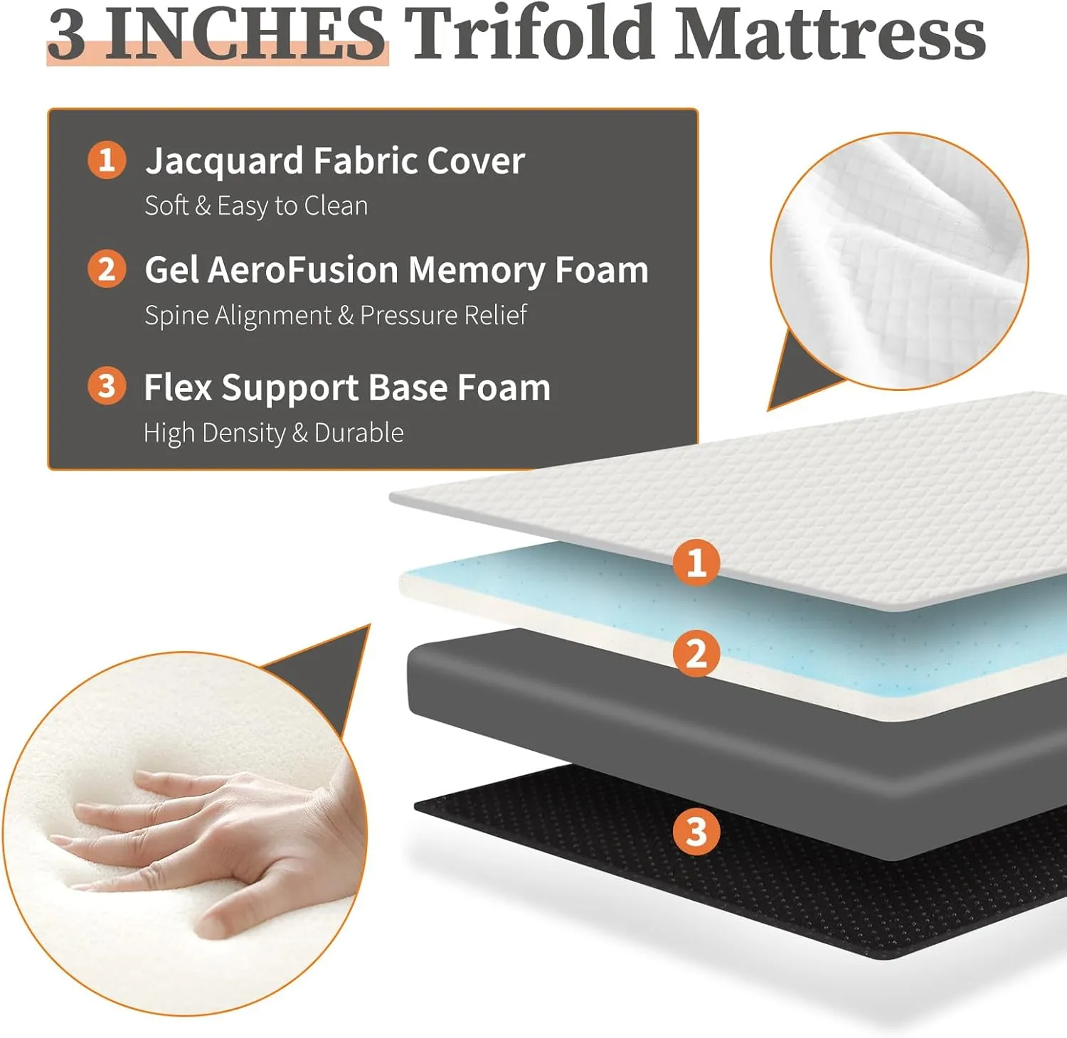 Sweetcrispy Tri-fold Memory Foam Mattress - 3 Inch Twin Size Portable Bed Pad, Foldable Floor Mat, Collapsible and Washable Cover with CertiPUR-US Certified, for Travel & Camping & Yoga