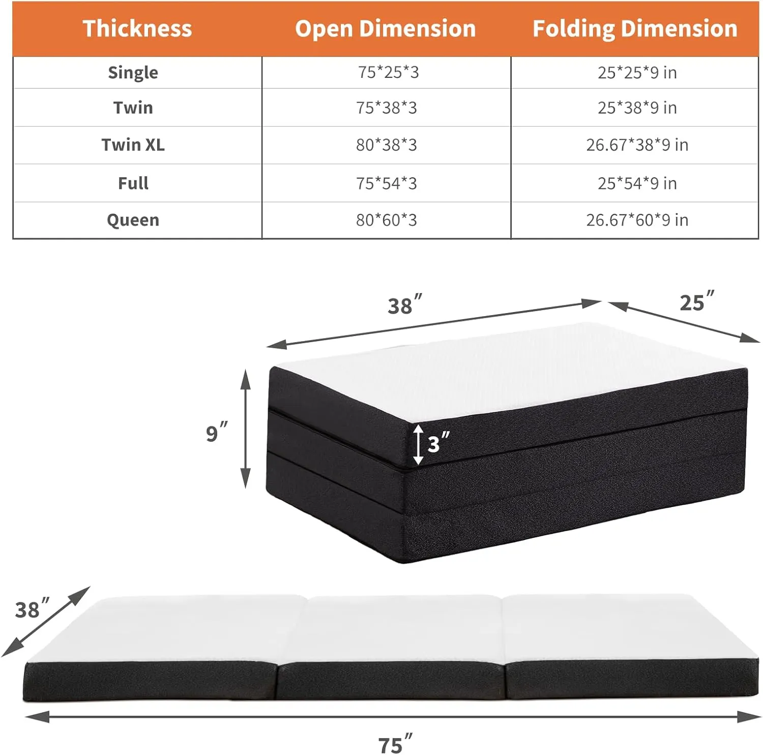 Sweetcrispy Tri-fold Memory Foam Mattress - 3 Inch Twin Size Portable Bed Pad, Foldable Floor Mat, Collapsible and Washable Cover with CertiPUR-US Certified, for Travel & Camping & Yoga