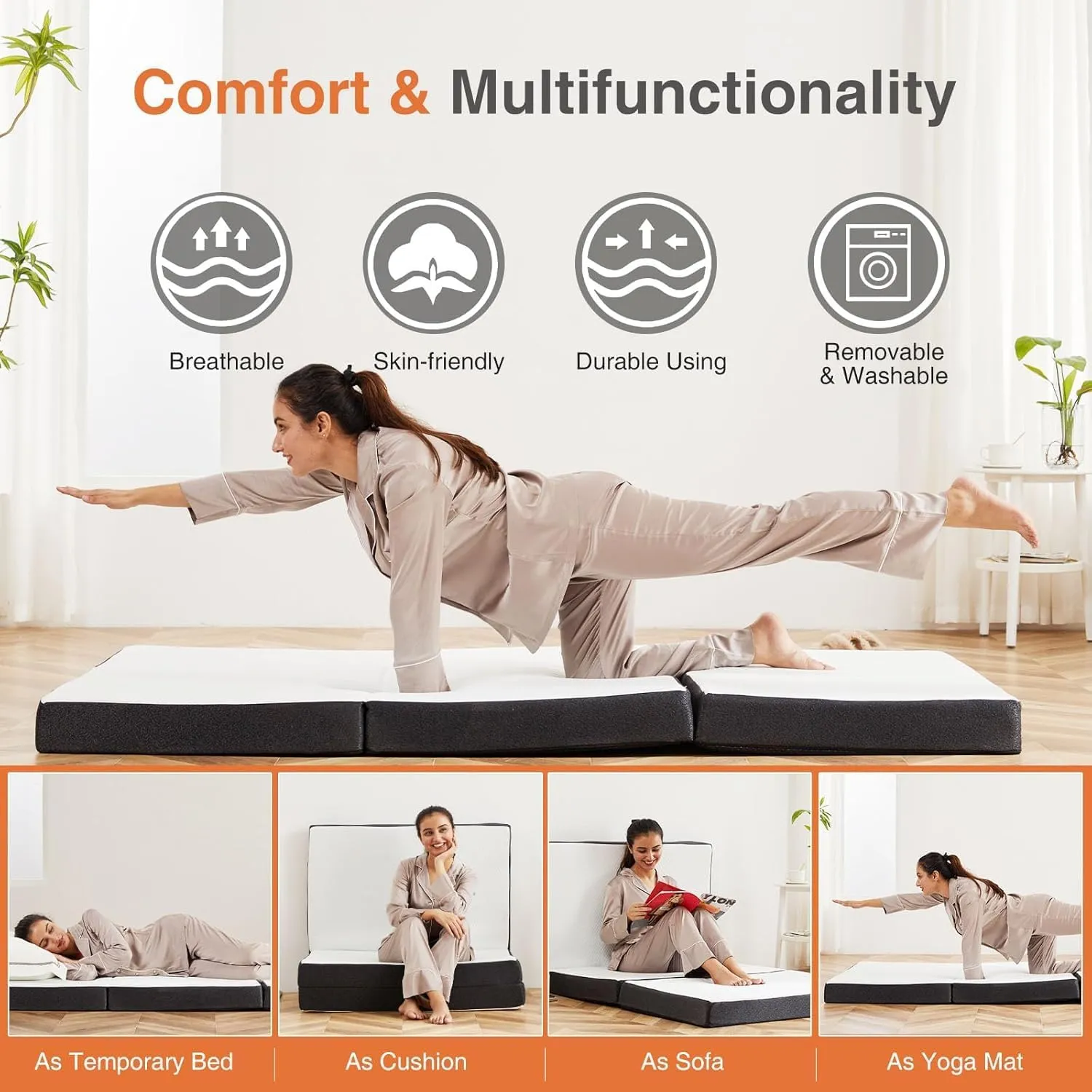 Sweetcrispy Tri-fold Memory Foam Mattress - 3 Inch Twin Size Portable Bed Pad, Foldable Floor Mat, Collapsible and Washable Cover with CertiPUR-US Certified, for Travel & Camping & Yoga