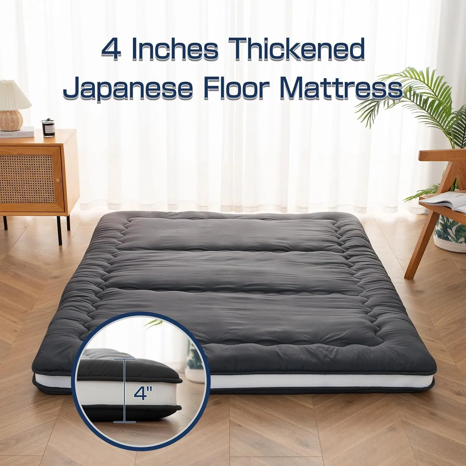 Syalife Japanese Futon Mattress Floor Mattress, 4" Thicken Roll Up Tatami Mat, Foldable & Portable Floor Bed Sleeping Pad, Traditional Shiki Futon (shikibuton), Design by Japan (Black, 39 * 80)