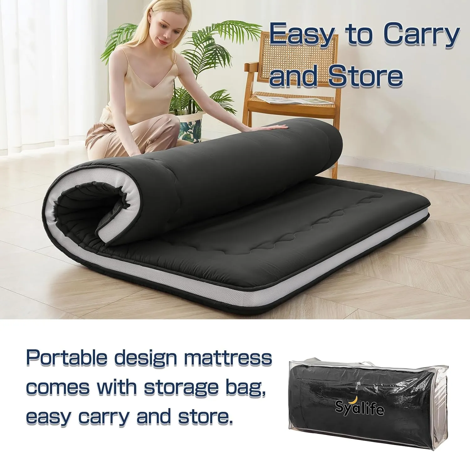 Syalife Japanese Futon Mattress Floor Mattress, 4" Thicken Roll Up Tatami Mat, Foldable & Portable Floor Bed Sleeping Pad, Traditional Shiki Futon (shikibuton), Design by Japan (Black, 39 * 80)