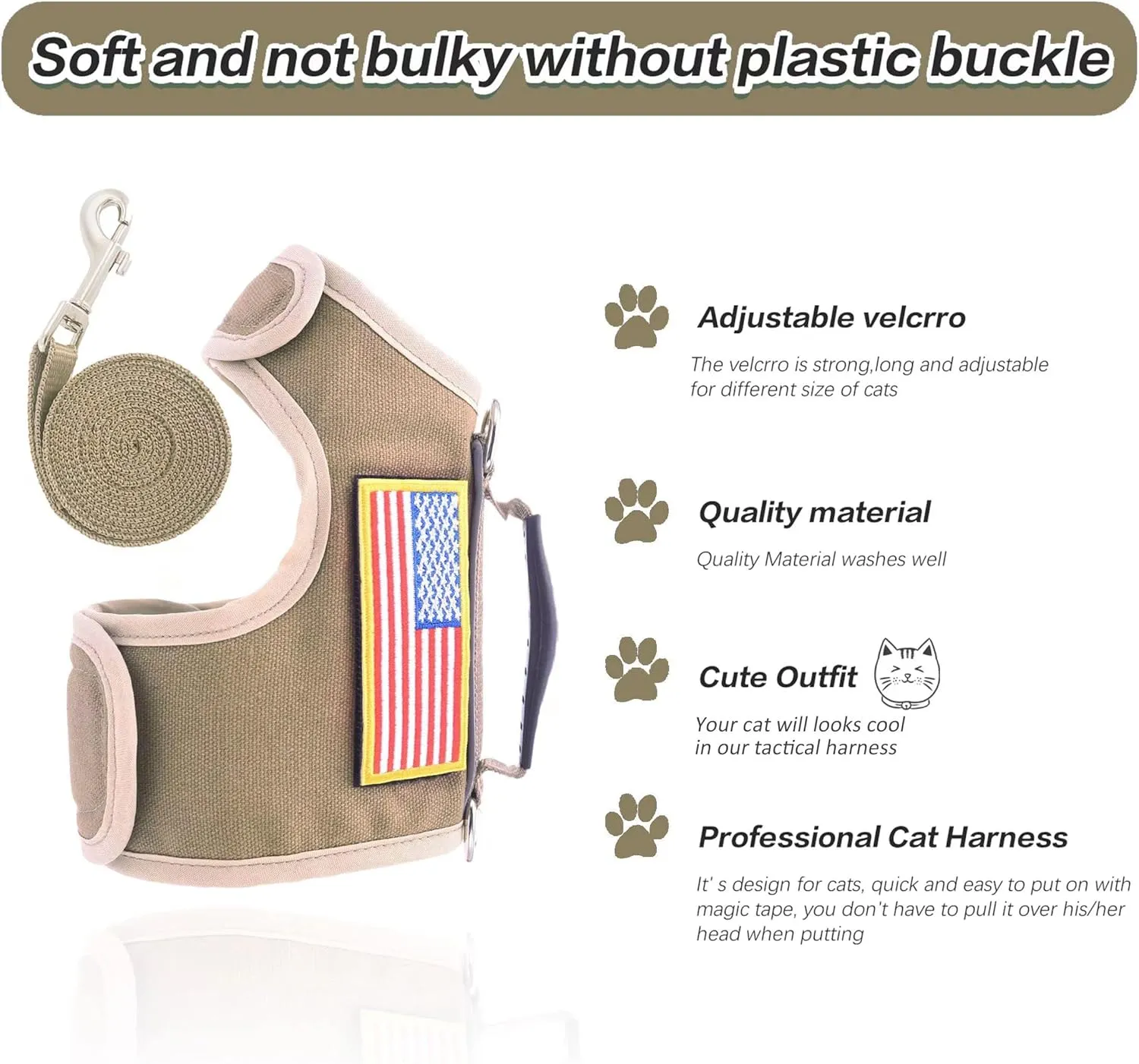 Tactical Cat Harness and Leash for Walking Escape Proof, Adjustable Cat Walking Jackets, Padded Stylish Cat Vest, Khaki, Large