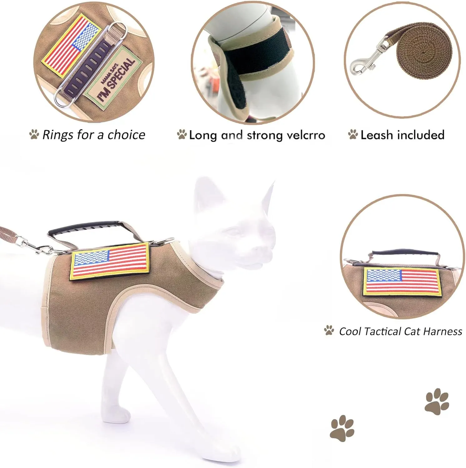 Tactical Cat Harness and Leash for Walking Escape Proof, Adjustable Cat Walking Jackets, Padded Stylish Cat Vest, Khaki, Large
