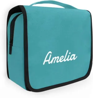 Teal Blue Custom Name Hanging Toiletry Bag Personalized Makeup Cosmetic Bag Travel Toiletry Organizer Large Capacity Cosmetic Case for Brush Toiletries Shaving Storage