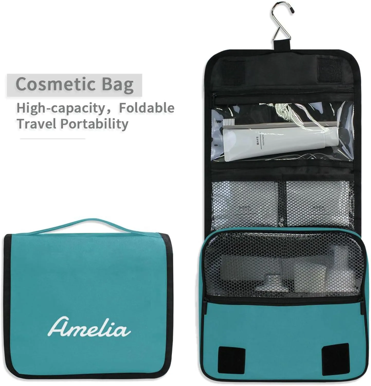 Teal Blue Custom Name Hanging Toiletry Bag Personalized Makeup Cosmetic Bag Travel Toiletry Organizer Large Capacity Cosmetic Case for Brush Toiletries Shaving Storage