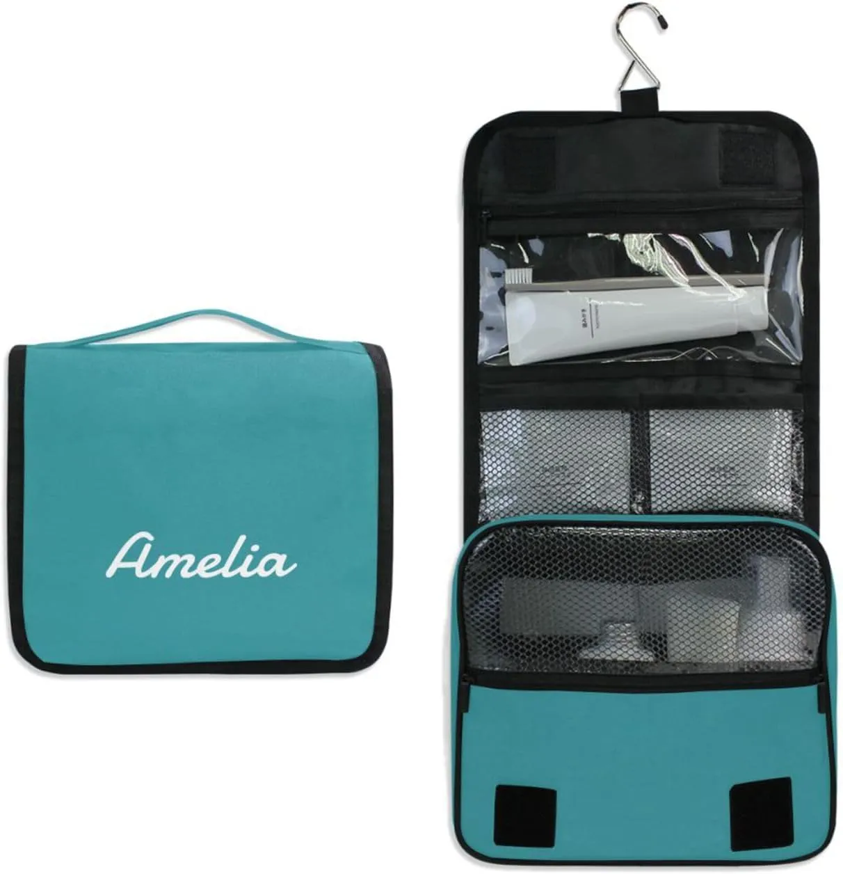 Teal Blue Custom Name Hanging Toiletry Bag Personalized Makeup Cosmetic Bag Travel Toiletry Organizer Large Capacity Cosmetic Case for Brush Toiletries Shaving Storage
