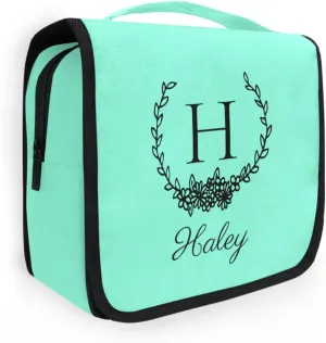 Teal Custom Hanging Toiletry Bag Personalized Initial Name Makeup Cosmetic Bag Cosmetic Case Large Capacity Travel Toiletry Organizer for Brush Toiletries Shaving Storage