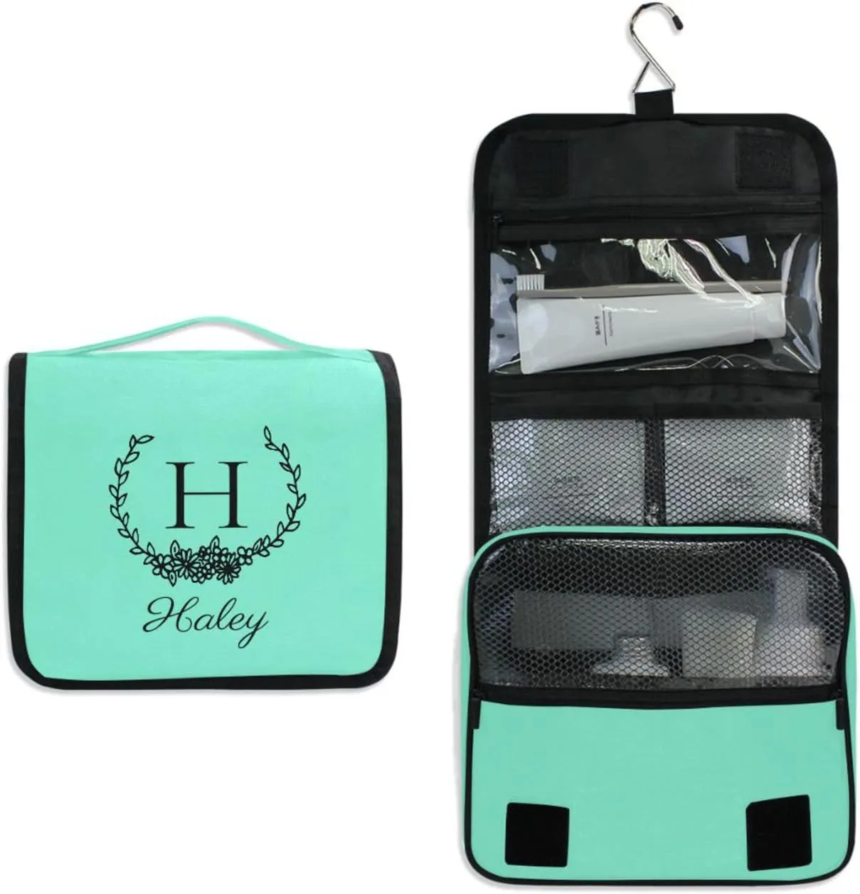Teal Custom Hanging Toiletry Bag Personalized Initial Name Makeup Cosmetic Bag Cosmetic Case Large Capacity Travel Toiletry Organizer for Brush Toiletries Shaving Storage