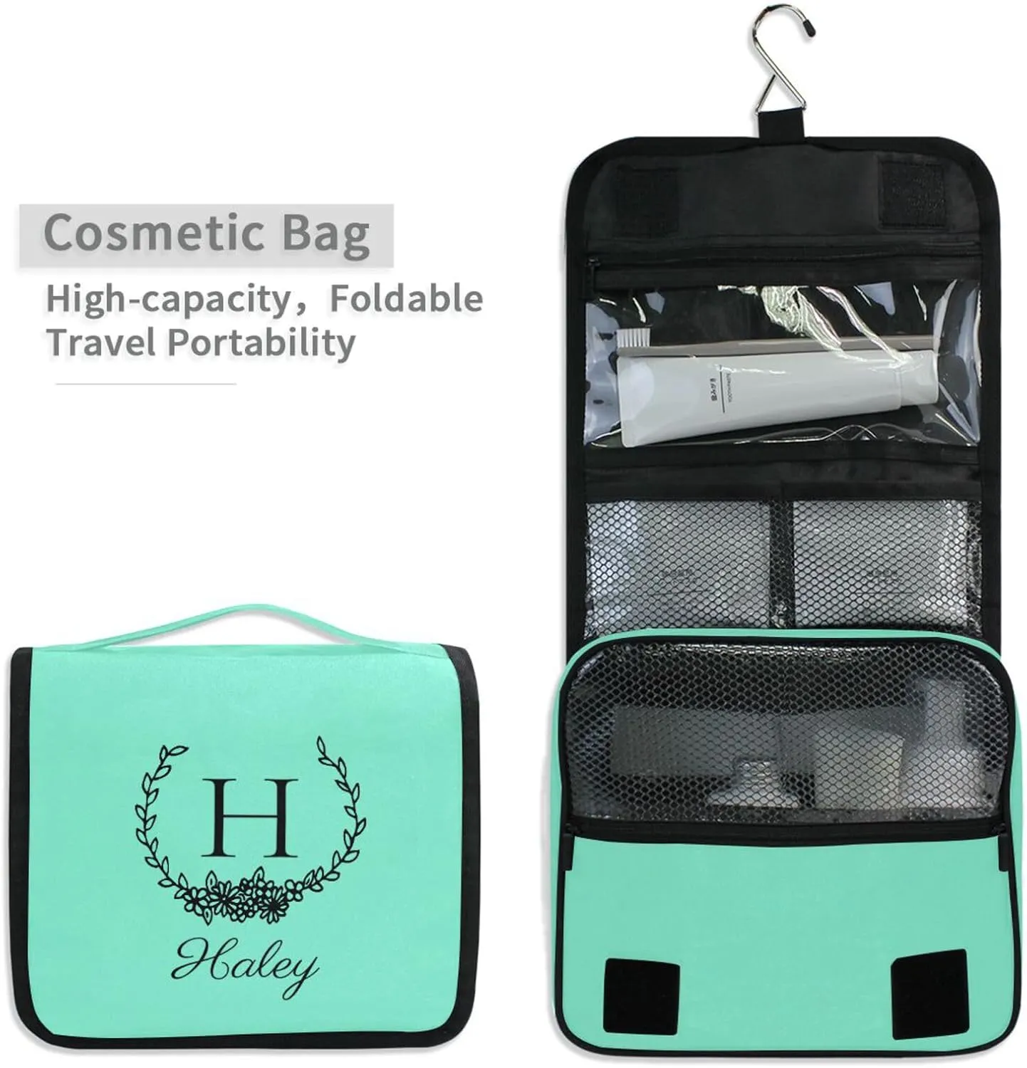 Teal Custom Hanging Toiletry Bag Personalized Initial Name Makeup Cosmetic Bag Cosmetic Case Large Capacity Travel Toiletry Organizer for Brush Toiletries Shaving Storage