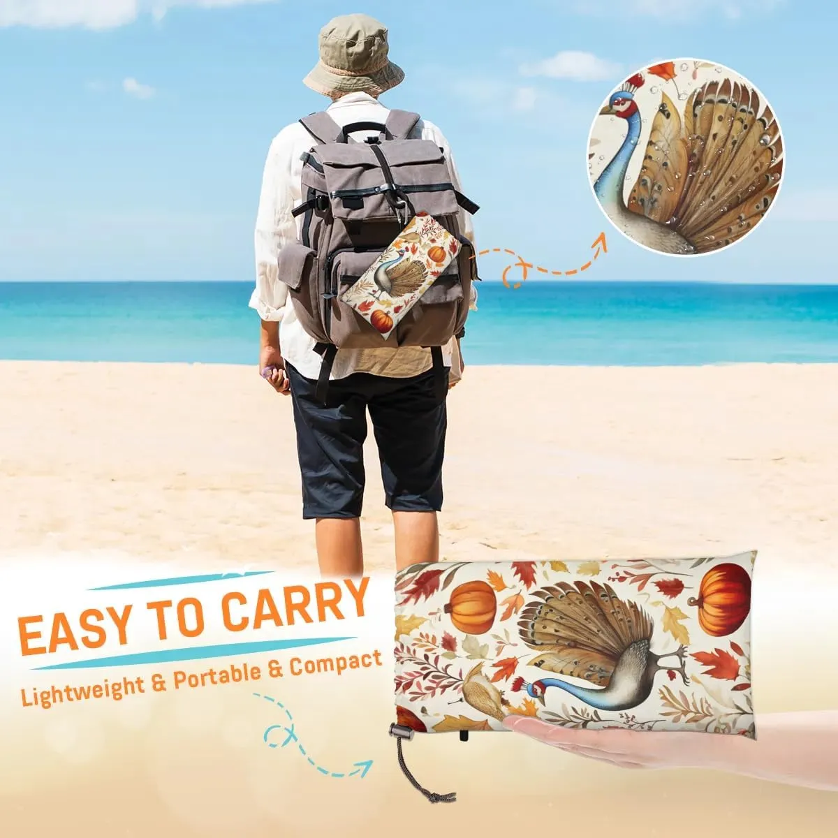 Thanksgiving Turkey Beach Blanket, Sandproof Beach Mat, 68 x 59 Waterproof Quick Drying Sand Free Mat with 4 x Ground Spikes for Outdoor Travel Camping Hiking, Farmhouse Pumpkin Fall Autumn