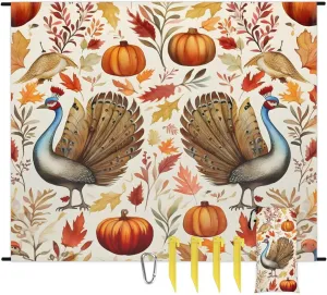 Thanksgiving Turkey Beach Blanket, Sandproof Beach Mat, 68 x 59 Waterproof Quick Drying Sand Free Mat with 4 x Ground Spikes for Outdoor Travel Camping Hiking, Farmhouse Pumpkin Fall Autumn