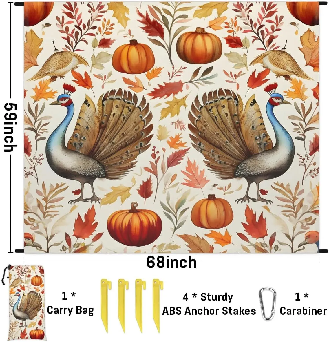 Thanksgiving Turkey Beach Blanket, Sandproof Beach Mat, 68 x 59 Waterproof Quick Drying Sand Free Mat with 4 x Ground Spikes for Outdoor Travel Camping Hiking, Farmhouse Pumpkin Fall Autumn