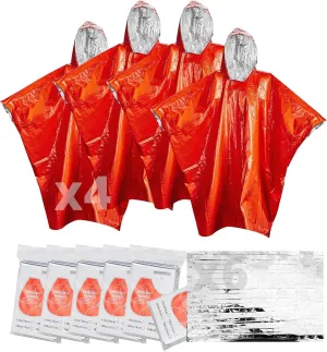 Thermal Blanket (6-Piece) and Rainproof Poncho(4-Piece),Outdoor Emergency Poncho and Mylar Blanket Liner,Waterproof Space Mylar Blankets and rain Poncho for Camping or Car Emergencies