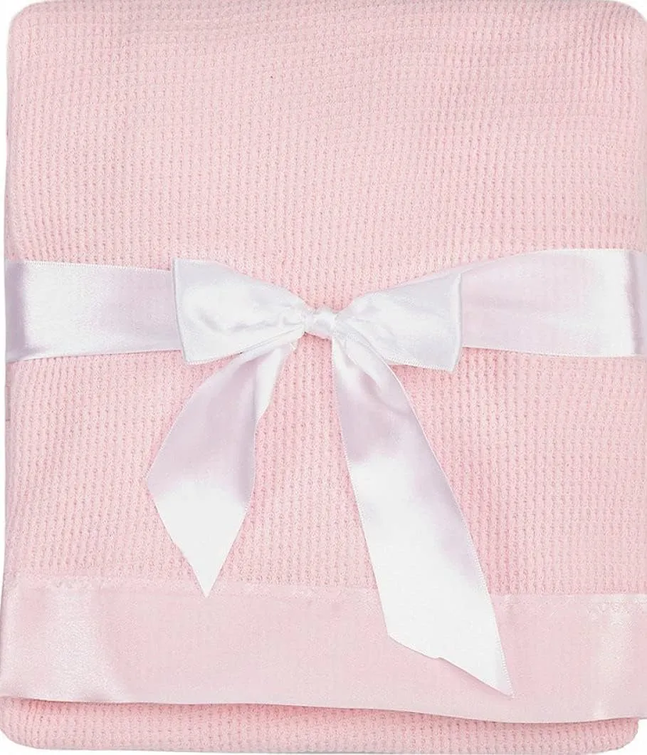 Thermal Waffle Weave Baby Blanket with Satin Nylon Trim (Pink), Oversized