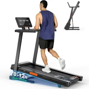 THERUN Treadmill with Incline, 3.0 HP Foldable Treadmills for Home, Brushless Motor Auto Incline Treadmill, 12 Level Adjustable, 300 LBS Capacity, Quiet Running