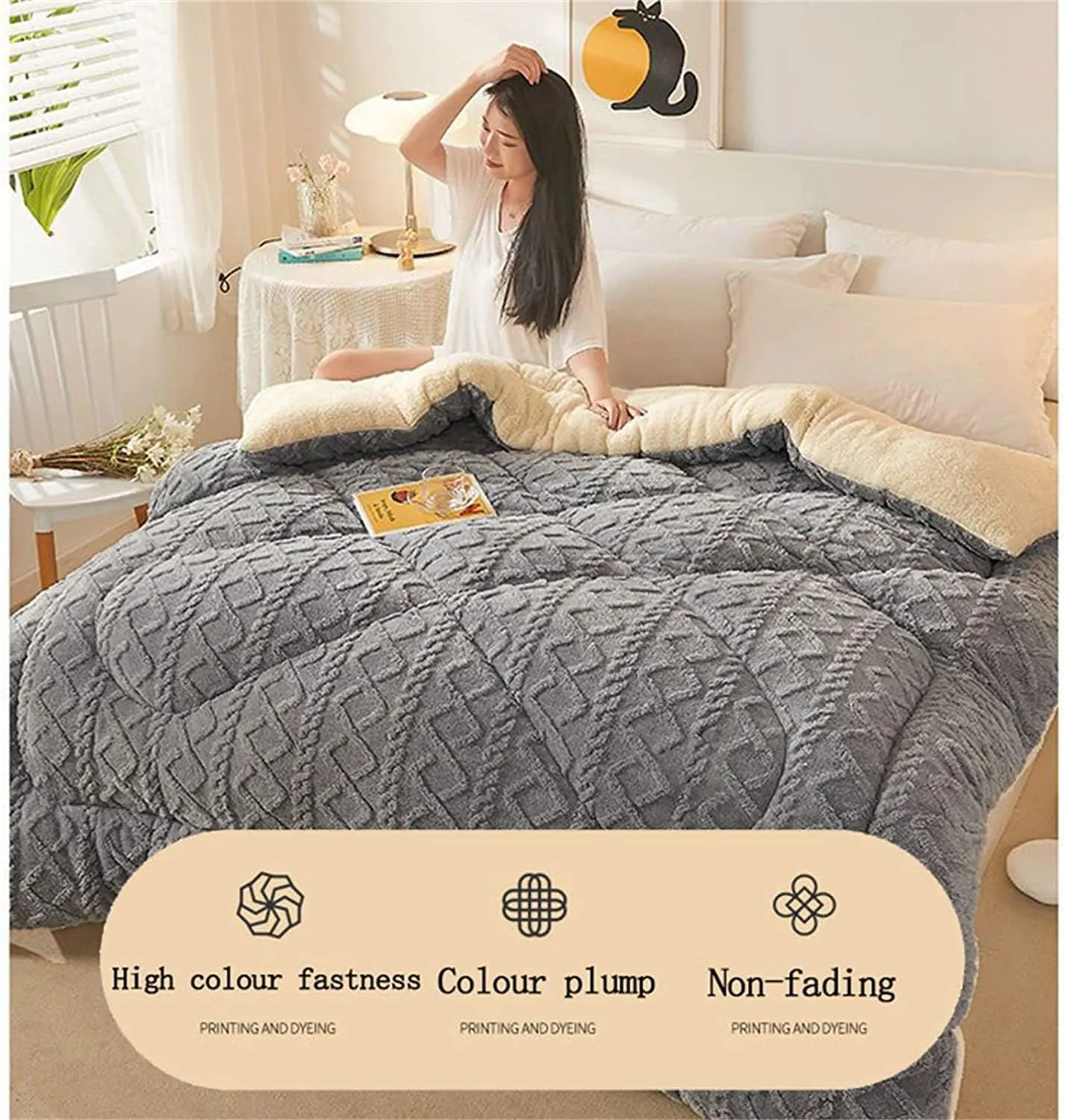 Thickened Super Soft Insulation Hibiscus Winter Quilt, Cashmere & Hibiscus Double Fabrics, Breathable Warmth Fluffy Plush Double Sided Velvet Blanket (Blue,150 x 200cm/59.05 x 78.74in (3KG))