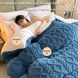 Thickened Super Soft Insulation Hibiscus Winter Quilt, Cashmere & Hibiscus Double Fabrics, Breathable Warmth Fluffy Plush Double Sided Velvet Blanket (Blue,150 x 200cm/59.05 x 78.74in (3KG))