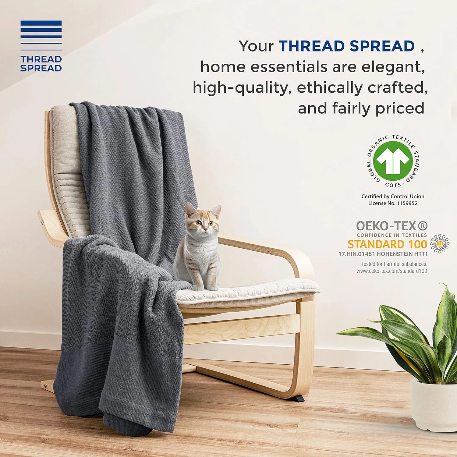 THREAD SPREAD Organic GOTS Cotton Blanket, Full/Queen - 350 GSM, Antistatic, Fuzzy Soft, Lightweight, Sofa, Camping & Travel, Perfect Herringbone All Seasons Throw, Dark Gray with Free Tote Bag