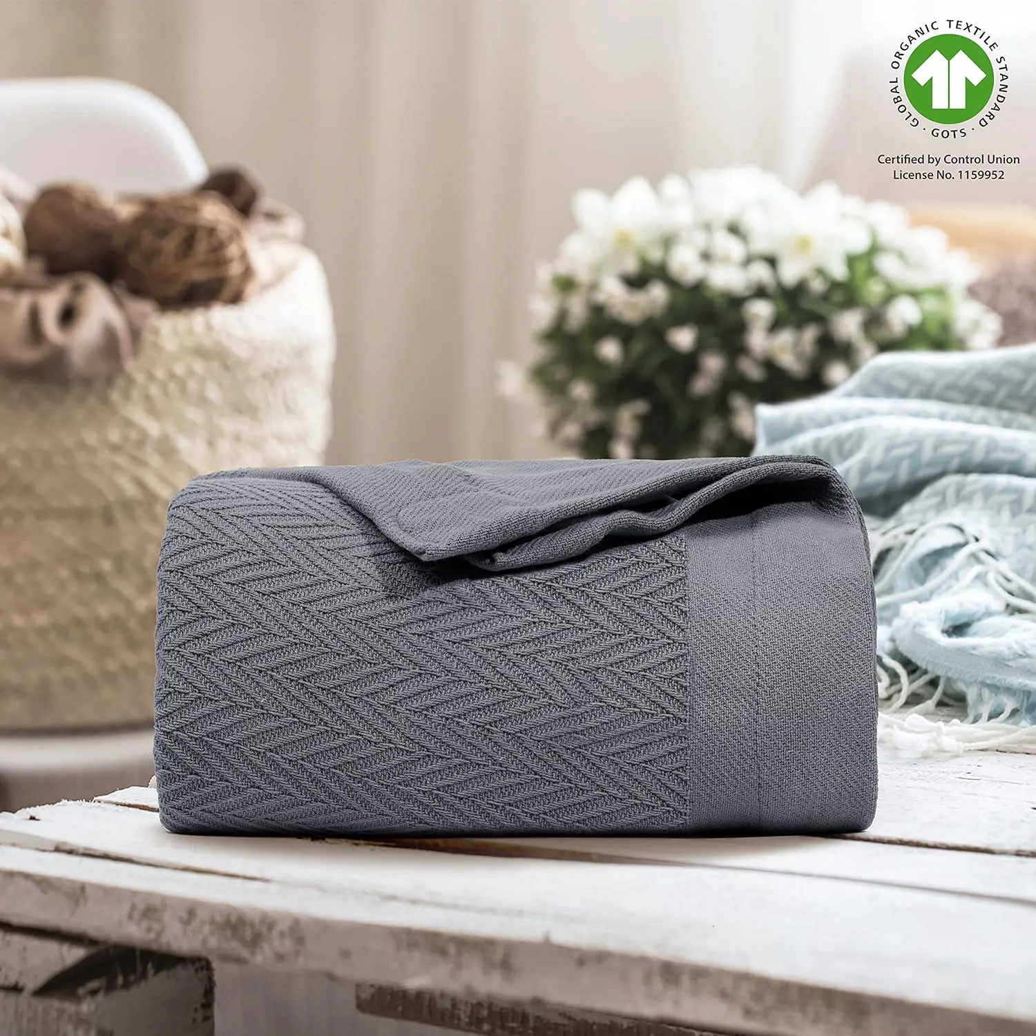 THREAD SPREAD Organic GOTS Cotton Blanket, Full/Queen - 350 GSM, Antistatic, Fuzzy Soft, Lightweight, Sofa, Camping & Travel, Perfect Herringbone All Seasons Throw, Dark Gray with Free Tote Bag