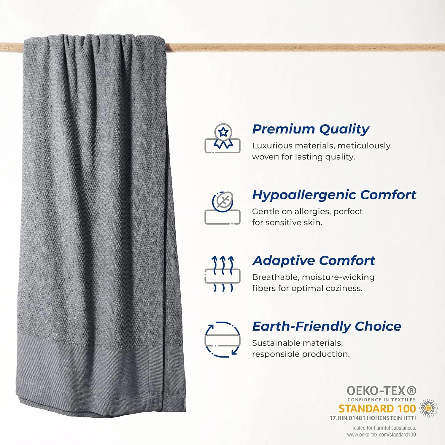 THREAD SPREAD Organic GOTS Cotton Blanket, Full/Queen - 350 GSM, Antistatic, Fuzzy Soft, Lightweight, Sofa, Camping & Travel, Perfect Herringbone All Seasons Throw, Dark Gray with Free Tote Bag