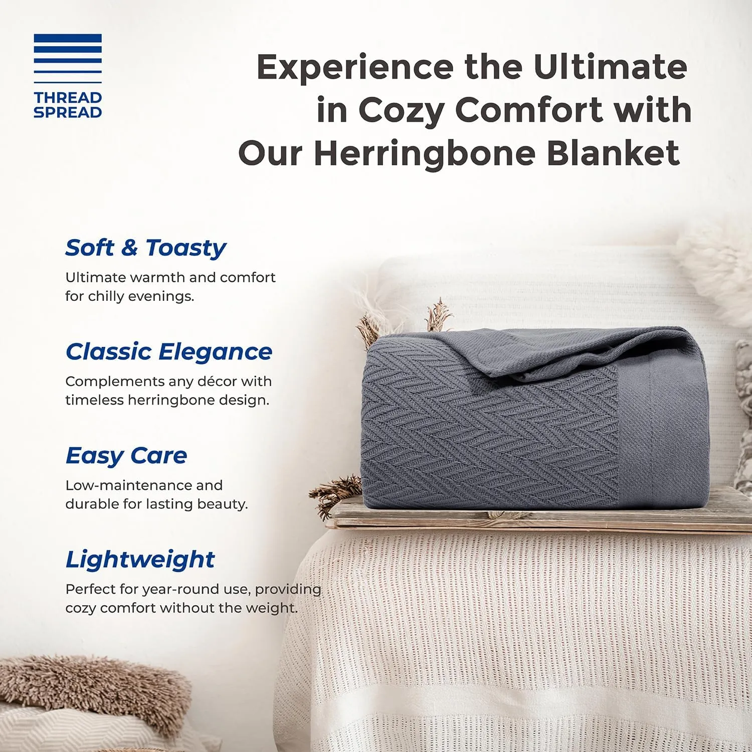 THREAD SPREAD Organic GOTS Cotton Blanket, Full/Queen - 350 GSM, Antistatic, Fuzzy Soft, Lightweight, Sofa, Camping & Travel, Perfect Herringbone All Seasons Throw, Dark Gray with Free Tote Bag