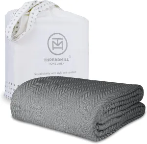 Threadmill Luxury Cotton Blankets for King Size Bed | All-Season Cozy 100% Cotton King Size Blanket | Herringbone Soft Fall Thermal Blanket fits California King Size Bed | Dark Grey