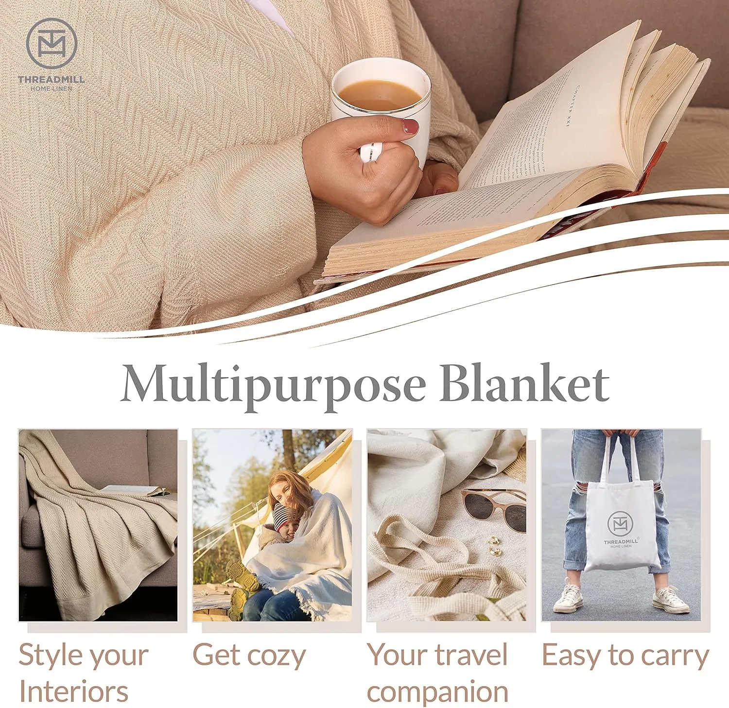 Threadmill Luxury Cotton Blankets for King Size Bed | All-Season Cozy 100% Cotton King Size Blanket | Herringbone Soft Fall Thermal Blanket fits California King Size Bed | Dark Grey