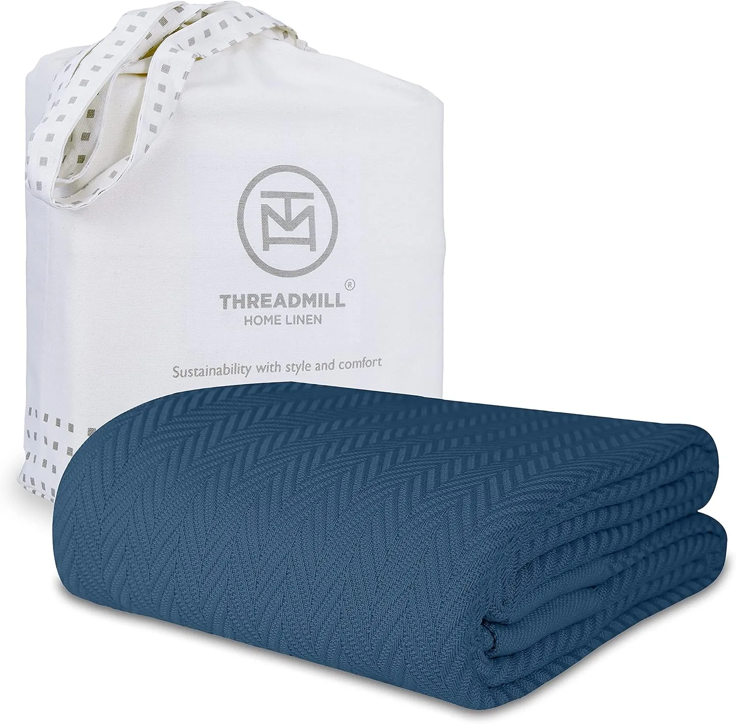 Threadmill Luxury Cotton Blankets for Queen Size Bed | All-Season 100% Cotton Queen Size Blanket | Herringbone Soft Breathable Fall Thermal Blanket fits Full Size Bed | Folkstone Blue