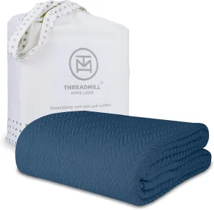 Threadmill Luxury Cotton Blankets for Queen Size Bed | All-Season 100% Cotton Queen Size Blanket | Herringbone Soft Breathable Fall Thermal Blanket fits Full Size Bed | Folkstone Blue