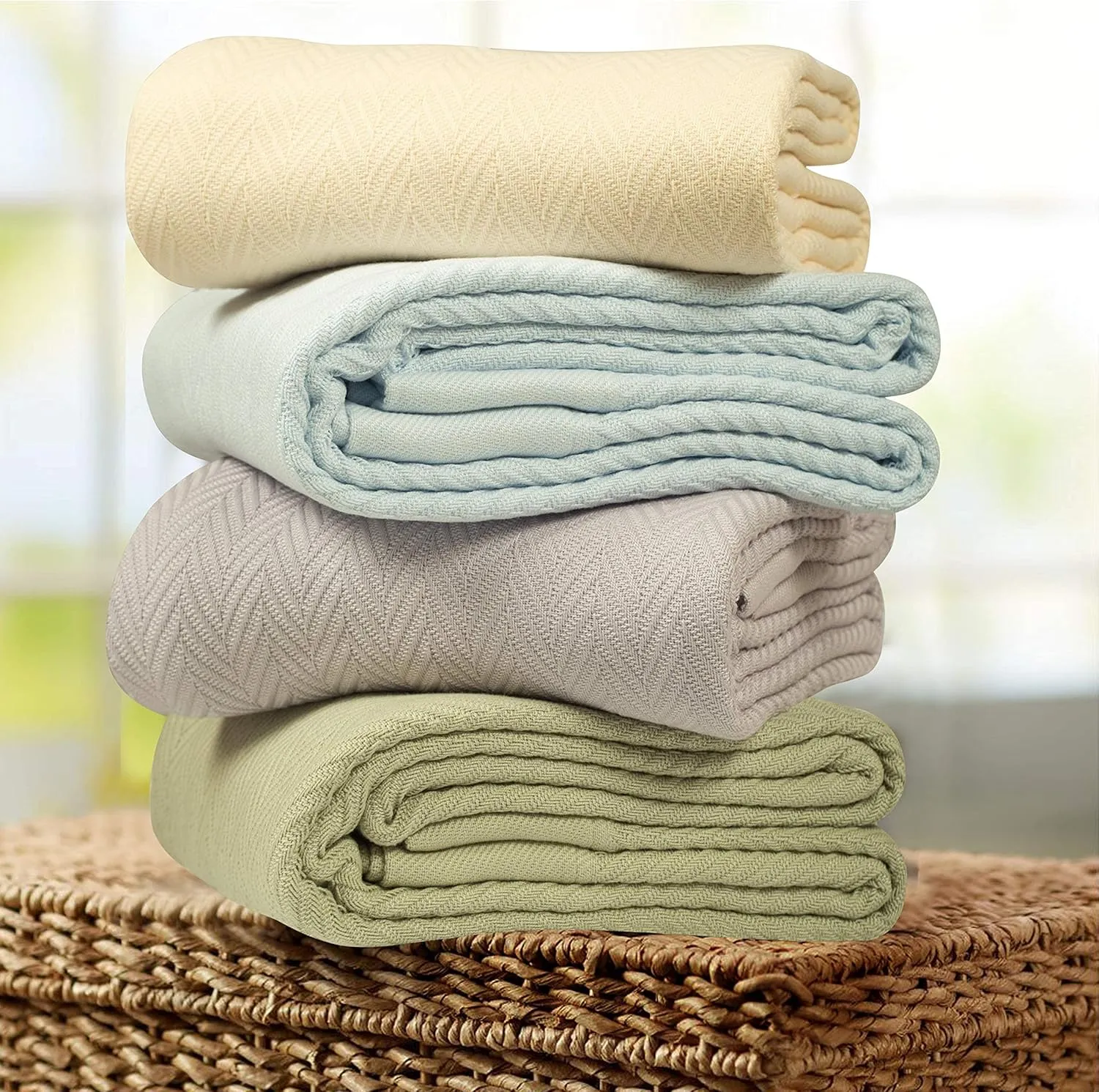Threadmill Luxury Cotton Blankets for Queen Size Bed | All-Season 100% Cotton Queen Size Blanket | Herringbone Soft Breathable Fall Thermal Blanket fits Full Size Bed | Folkstone Blue