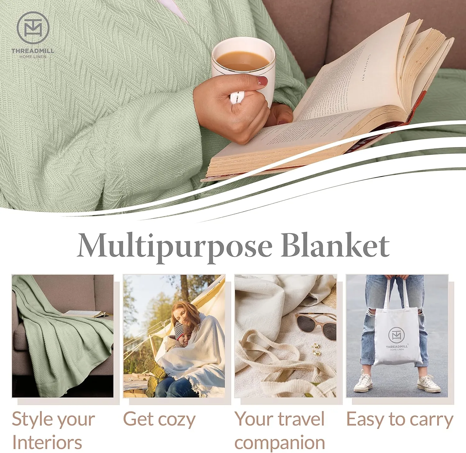 Threadmill Luxury Cotton Blankets for Twin Size Bed | All-Season 100% Cotton Twin Blanket for Bed | Herringbone Soft & Cozy Fall Thermal Blanket, 350GSM, 68x92 inches | Sage Green