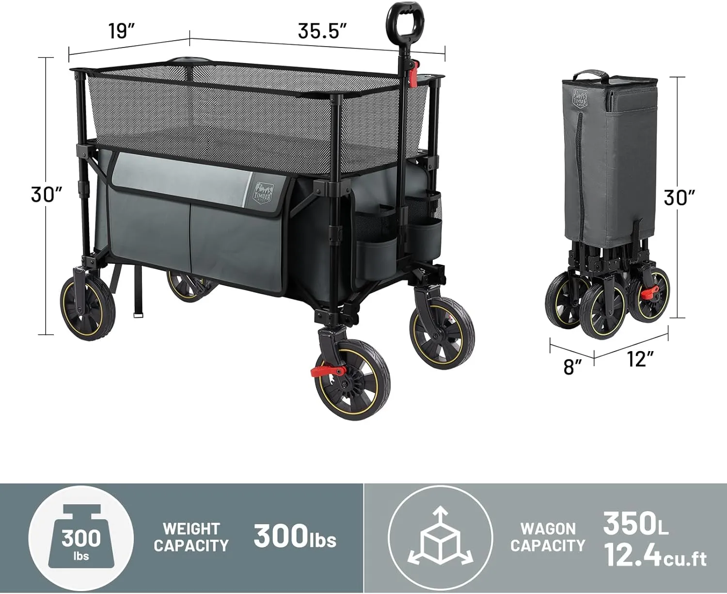 TIMBER RIDGE 350L Extra Large Collapsible Folding Wagon Carts with Brake, Heavy Duty Outdoor Camping Utility Wagons with Extended Height, Adjustable Handle, Cup Holders, Side Bag (Gray)